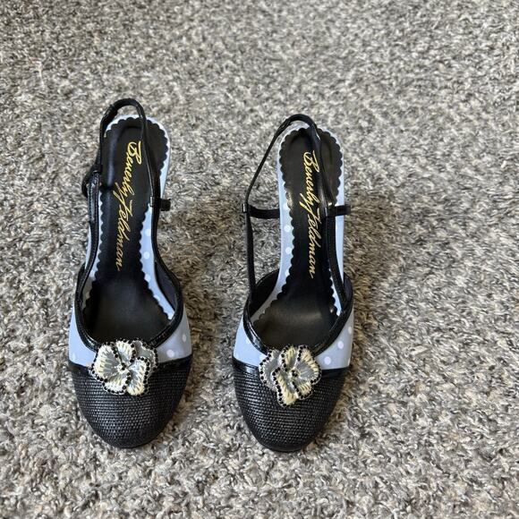 BEVERLY FELDMAN Heels Black Blue Polka Dot Slingback Rose Size 7 M READ - Picture 1 of 10